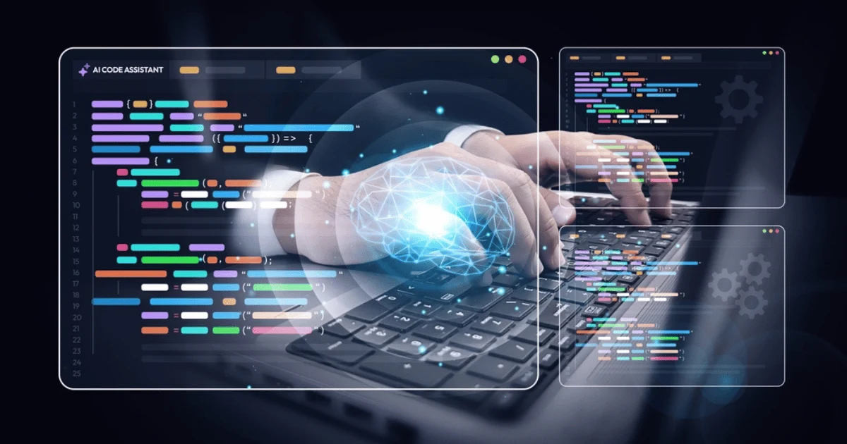 AI Coding Concept Robot and Human Hands on Keyboard With Code Concept Overlay